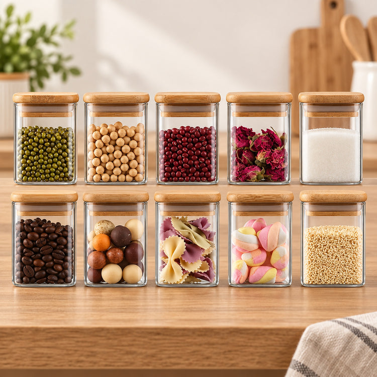 Eight clear glass canisters with light wood lids are arranged in two rows on a wooden countertop, filled with various dry goods and snacks including green beans, chickpeas, red beans, dried flowers, sugar, coffee beans, mixed nuts, pasta, candy, and grains.