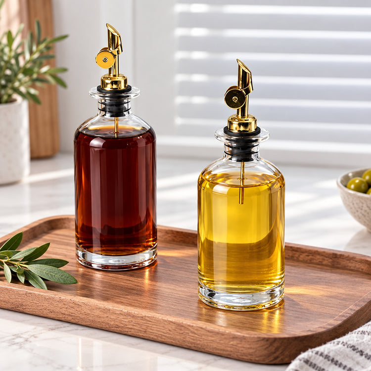 Two clear glass oil bottles with gold and black pour spouts sit on a wooden tray. One bottle contains dark reddish-brown liquid and the other contains golden yellow liquid, photographed in a bright kitchen-like setting with window blinds and plants in the background.