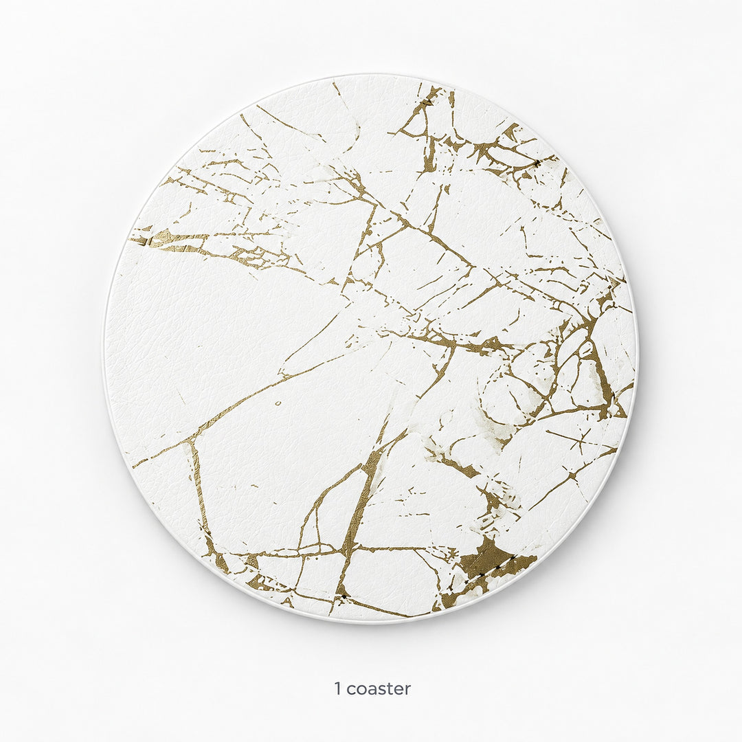 One white and gold artificial-leather coaster; single option includes no holder.