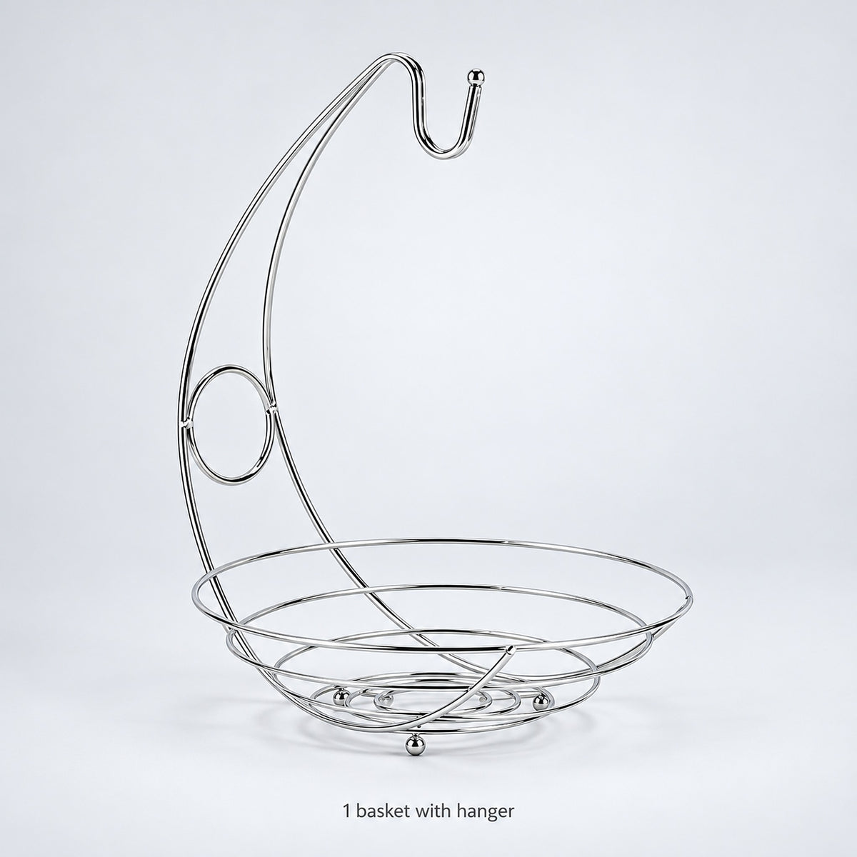 One chrome-finished iron fruit bowl with its banana hanger; fruit is not included.