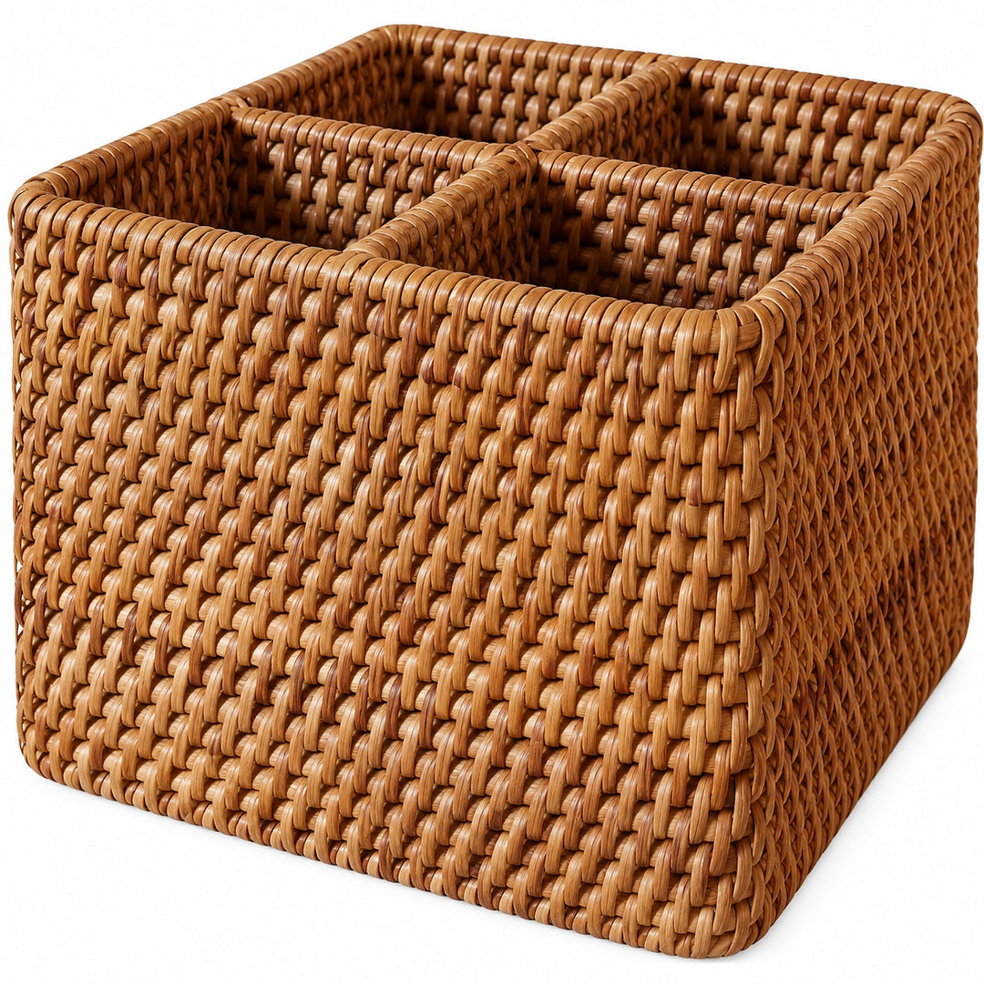 Close-up of hand-woven brown wicker strands and wrapped rim.