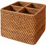 Close-up of hand-woven brown wicker strands and wrapped rim.