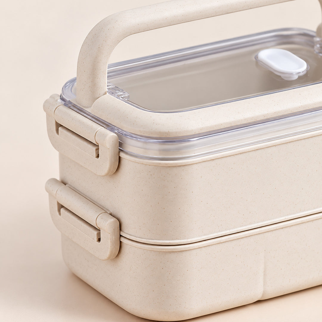 Beige plastic lunchbox side clip and stacked container detail.