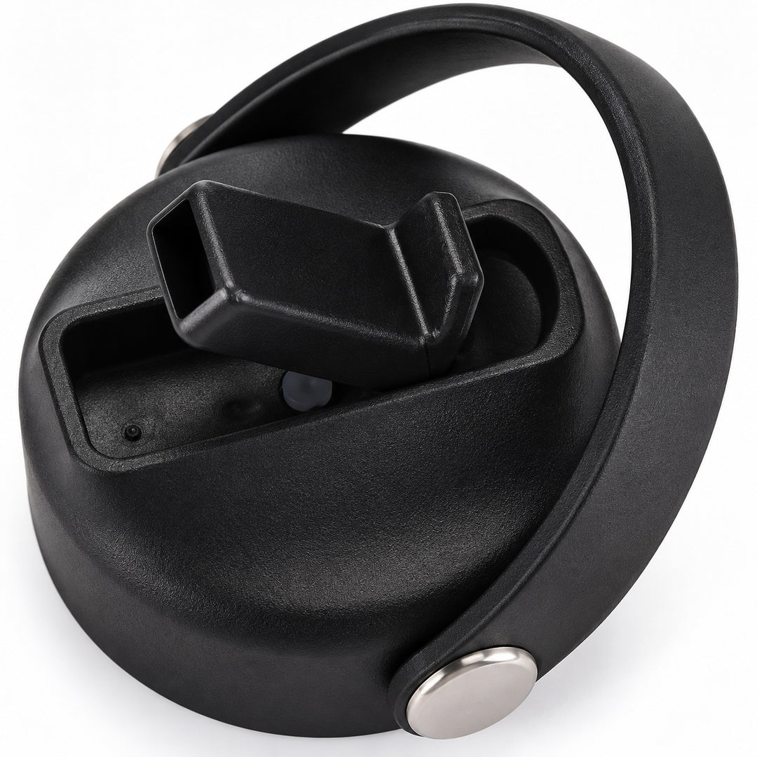 Matte PP lid shell, curved carry handle and silver pivot detail.