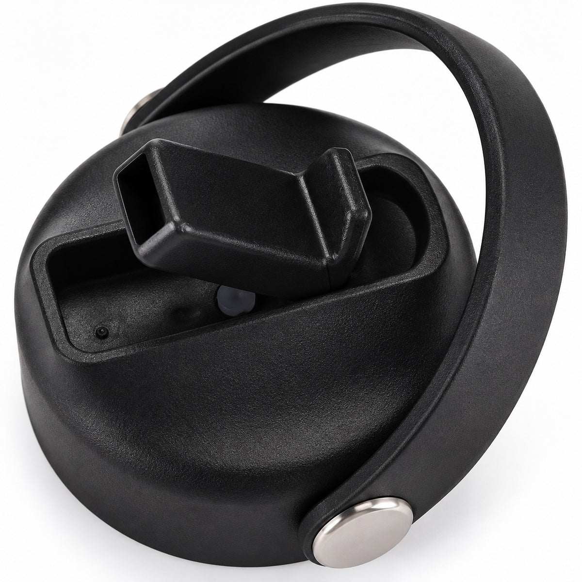 Matte PP lid shell, curved carry handle and silver pivot detail.