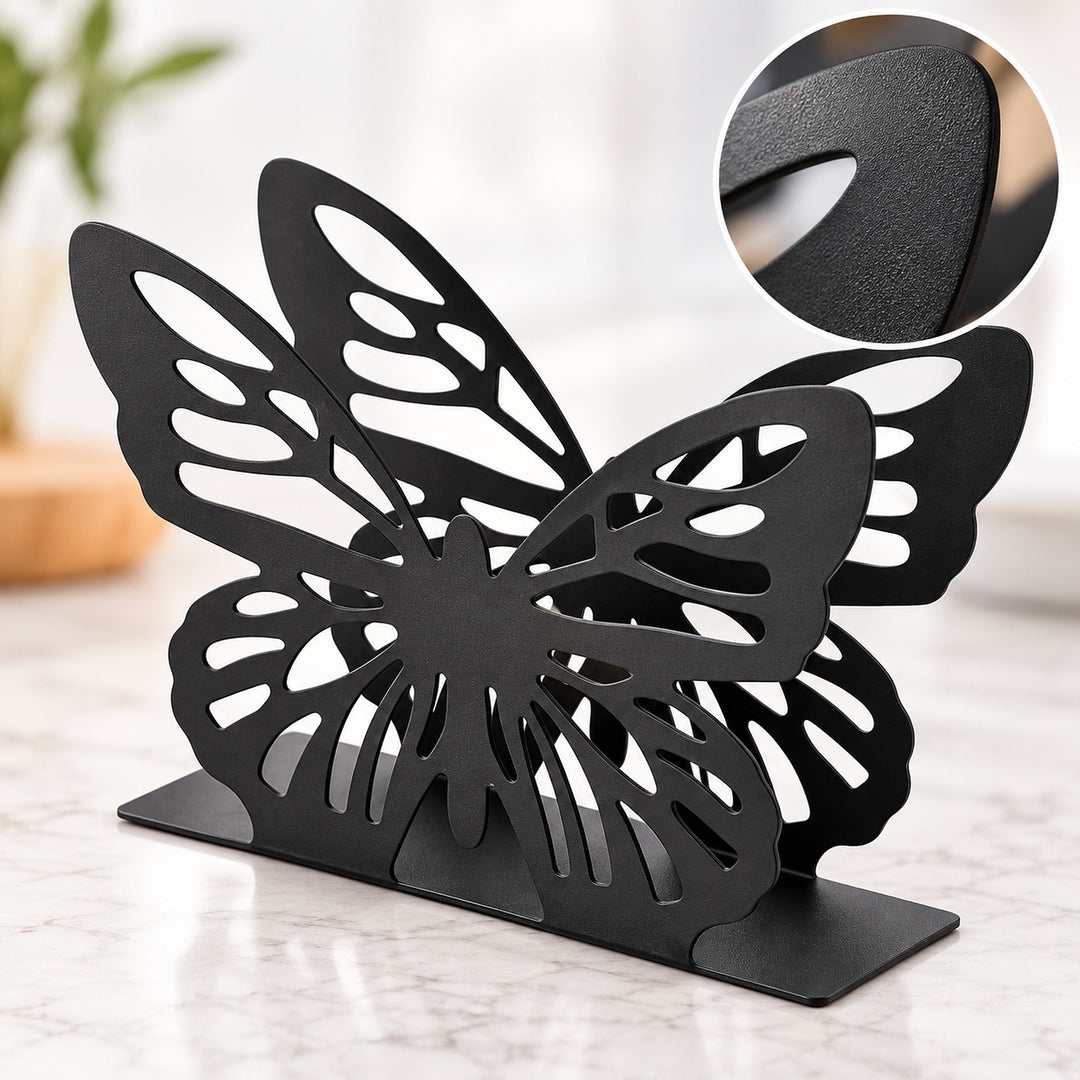 Close detail of powder-coated metal napkin holder and stable base