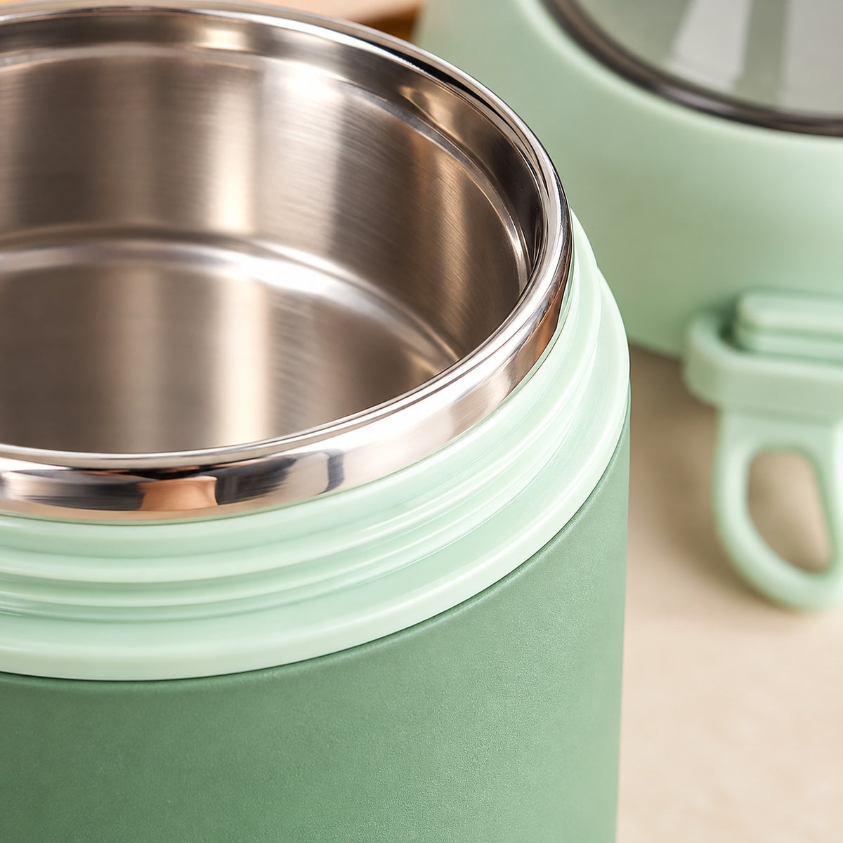Stainless-steel food jar liner and threaded mint neck detail.