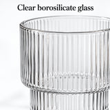 Close-up of clear borosilicate glass ribs, rim and stepped base.