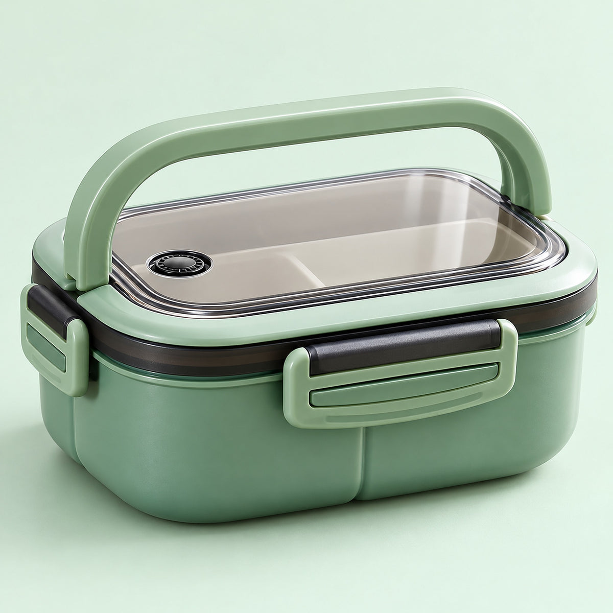 Green lunch box handle, side latch and vented lid detail.