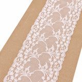 White floral lace center over tan woven fabric.
