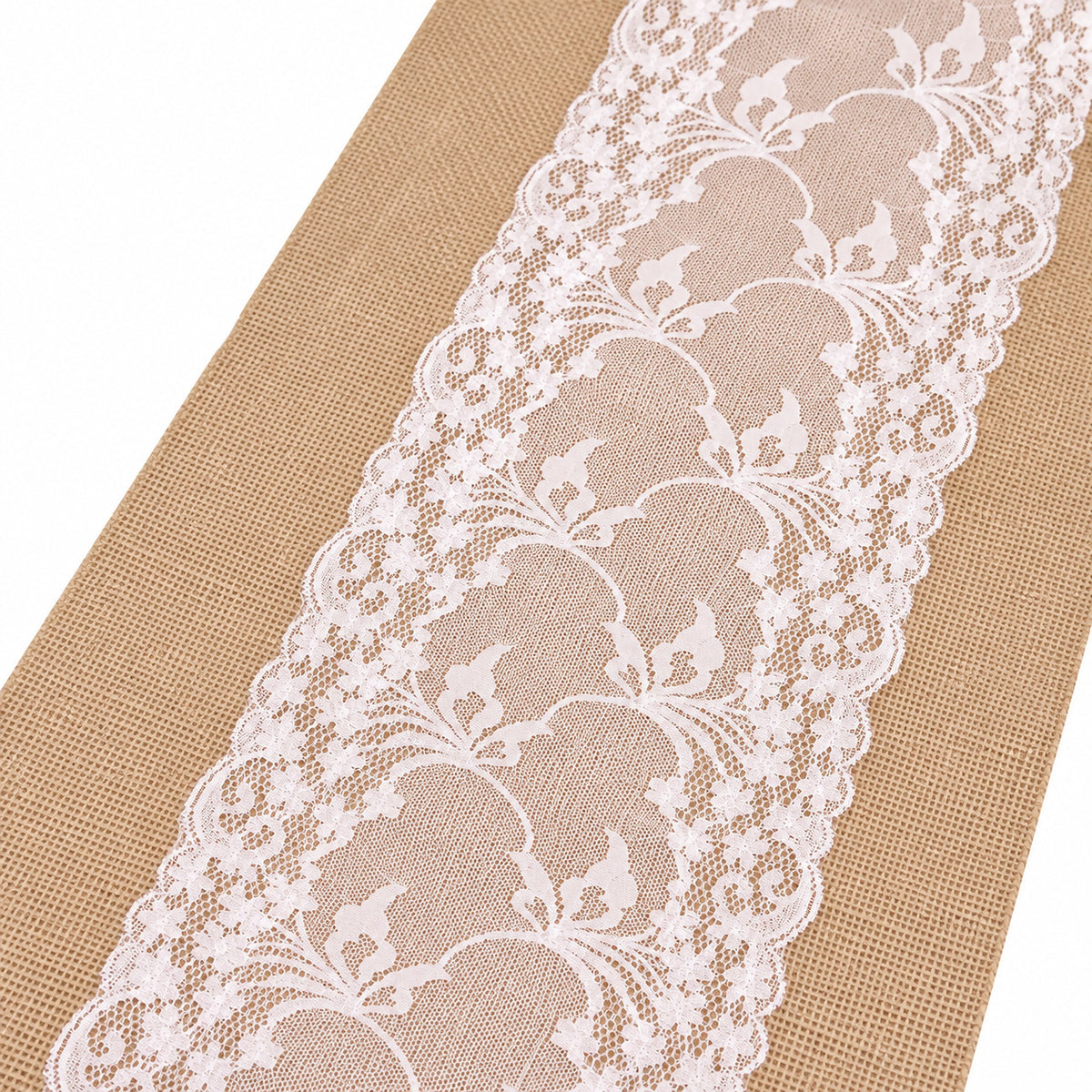 White floral lace center over tan woven fabric.