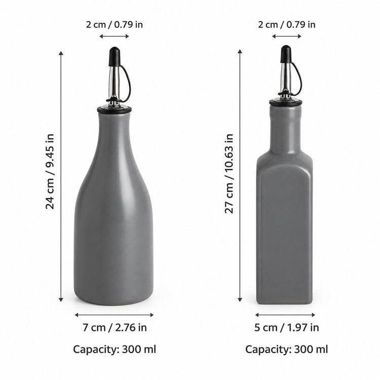 Two gray bottle-shaped oil or vinegar dispensers shown on a white background with dimension arrows and text indicating height, width, and 300 ml capacity.