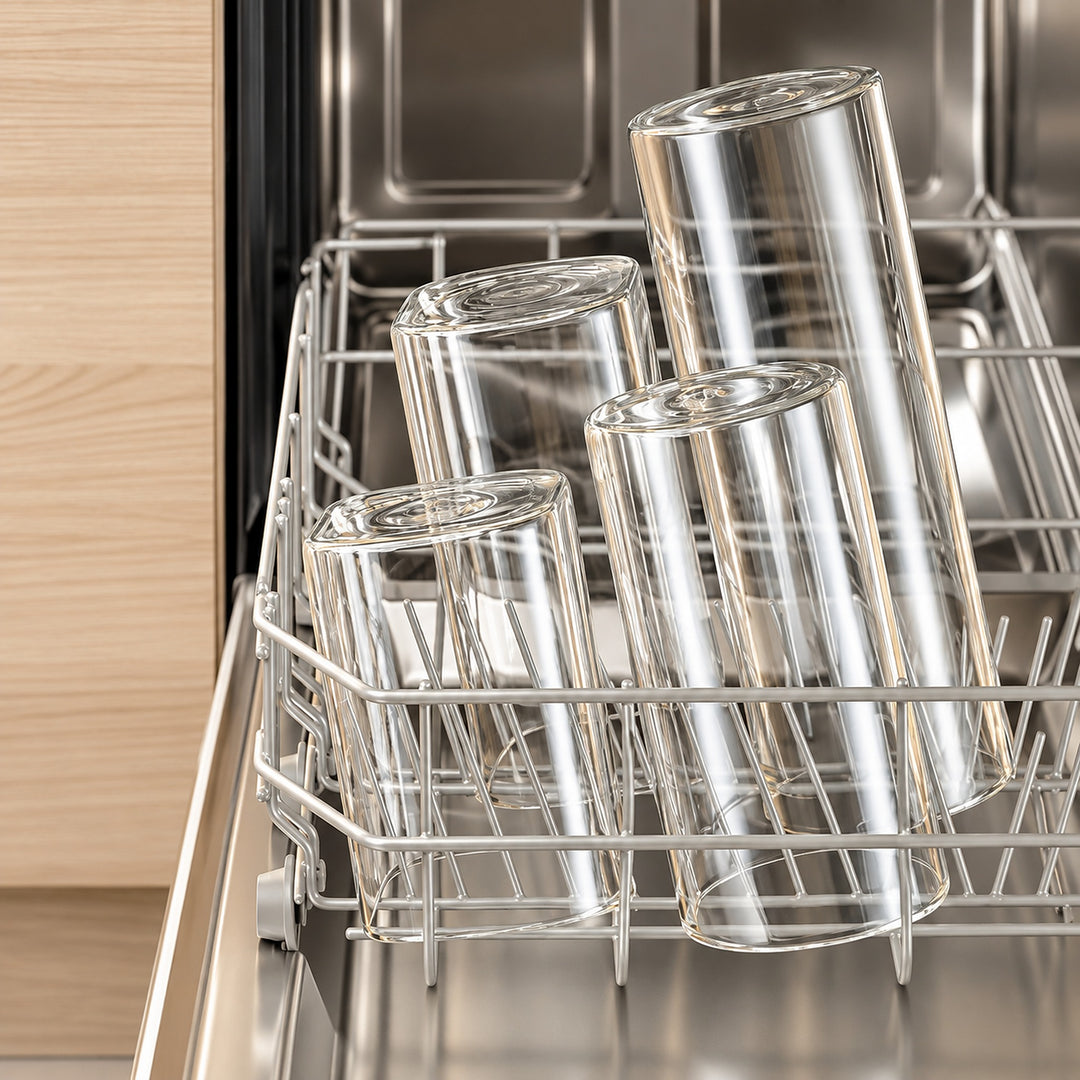 Four clear glass drinking cups arranged on a stainless steel dishwasher rack inside an open dishwasher.