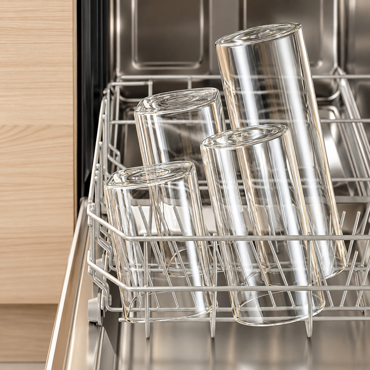 Four clear glass drinking cups arranged on a stainless steel dishwasher rack inside an open dishwasher.