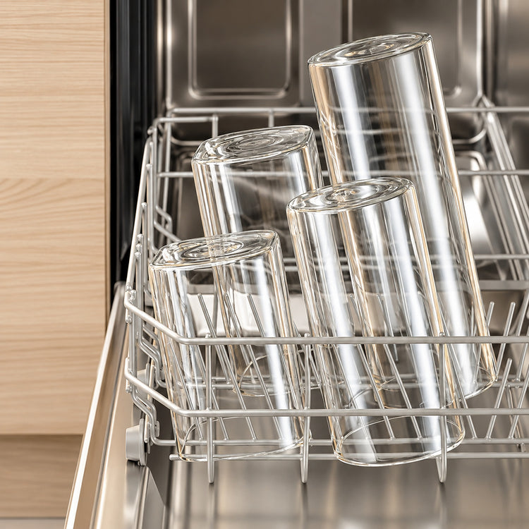 Four clear glass drinking cups arranged on a stainless steel dishwasher rack inside an open dishwasher.