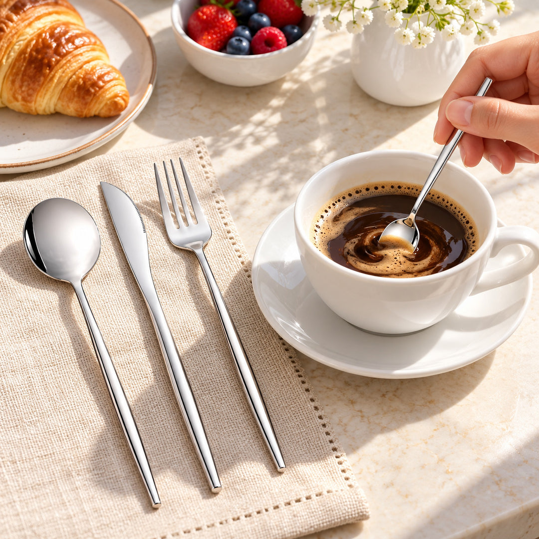 Silver teaspoon stirring coffee; matching knife, fork and dinner spoon nearby.