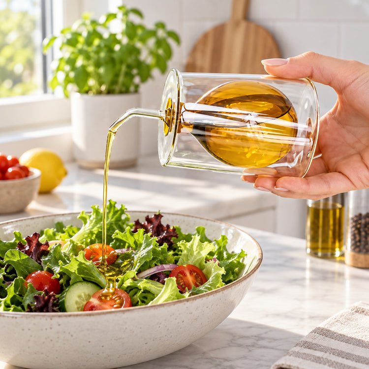 A hand holds a clear glass oil dispenser over a salad bowl, pouring golden olive oil into a mixed green salad on a bright kitchen counter.