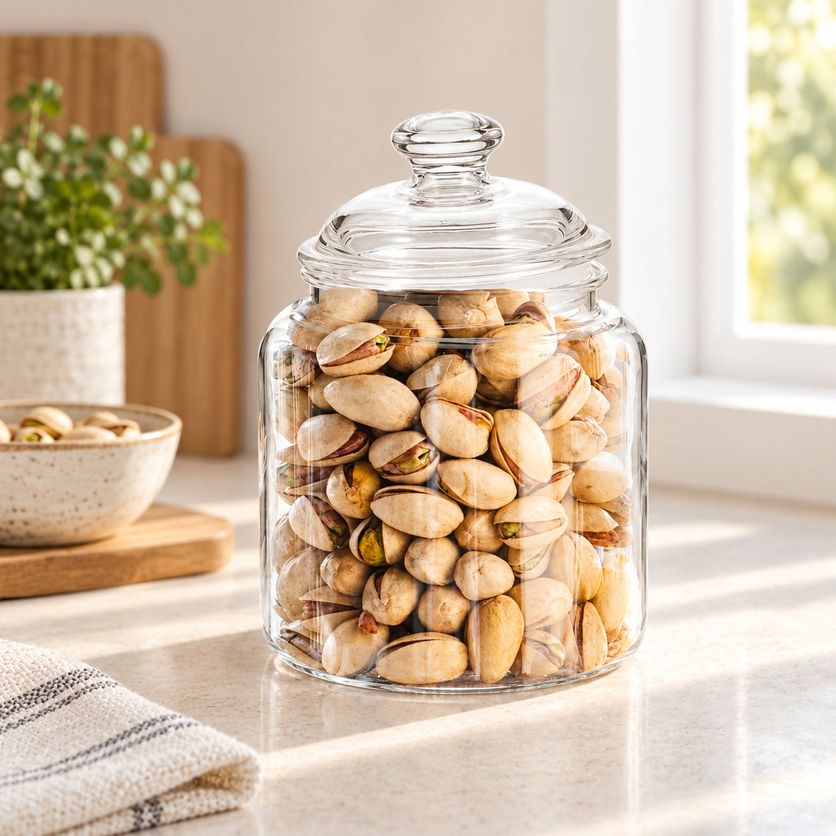 A clear glass jar with a matching glass lid, filled with pistachios, set on a light countertop in a bright kitchen setting.