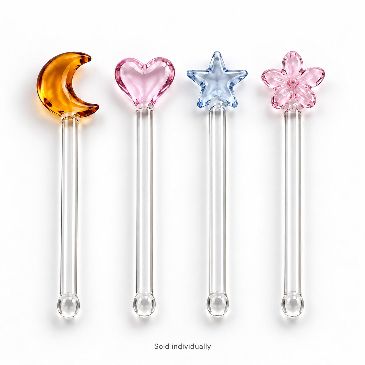 Moon, Heart, Star and Flower glass stirring styles; each sold individually.