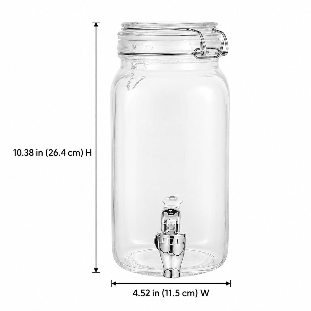 Clear glass beverage dispenser with a clamp-top lid and metal spout, shown with dimension lines and text indicating height of 10.38 in (26.