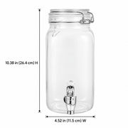 Clear glass beverage dispenser with a clamp-top lid and metal spout, shown with dimension lines and text indicating height of 10.38 in (26.