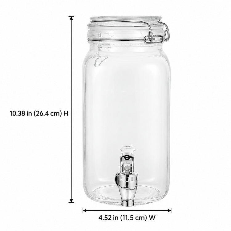 Clear glass beverage dispenser with a clamp-top lid and metal spout, shown with dimension lines and text indicating height of 10.38 in (26.
