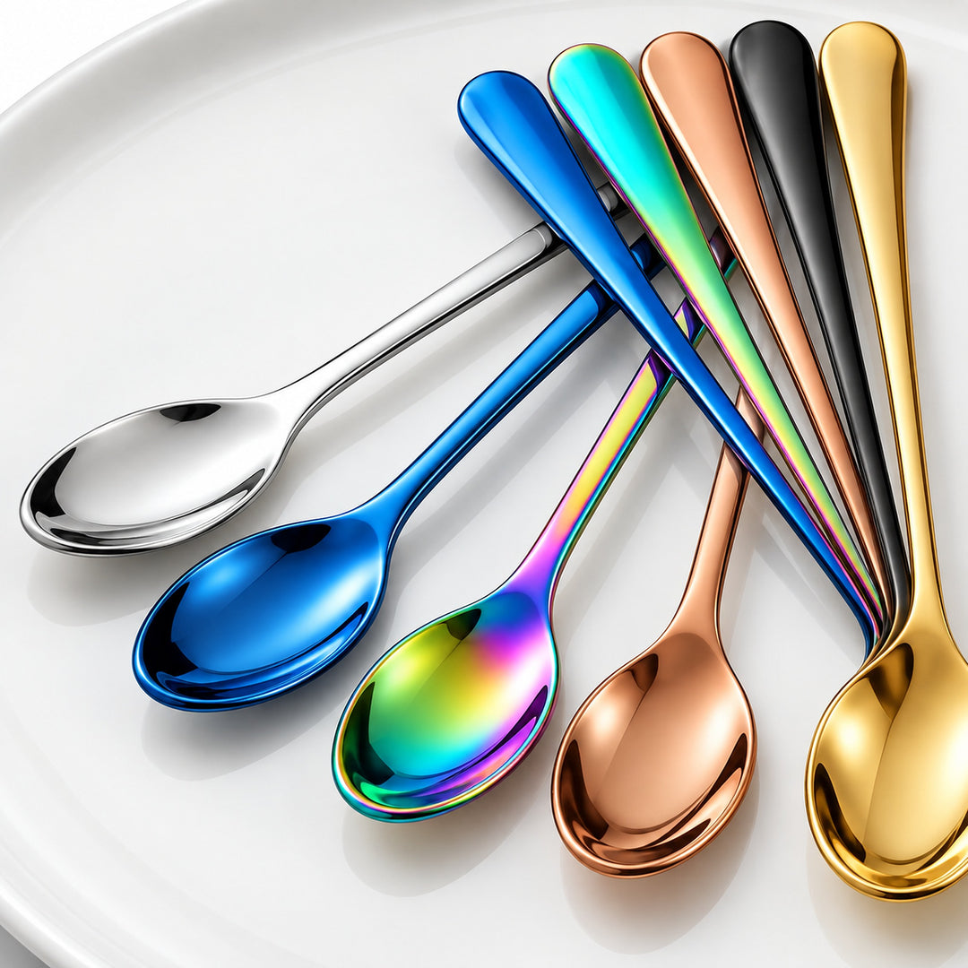 Six metallic spoons arranged in a fan on a white plate, showing different finish options: silver, bright blue, iridescent rainbow, rose gold, black, and gold.