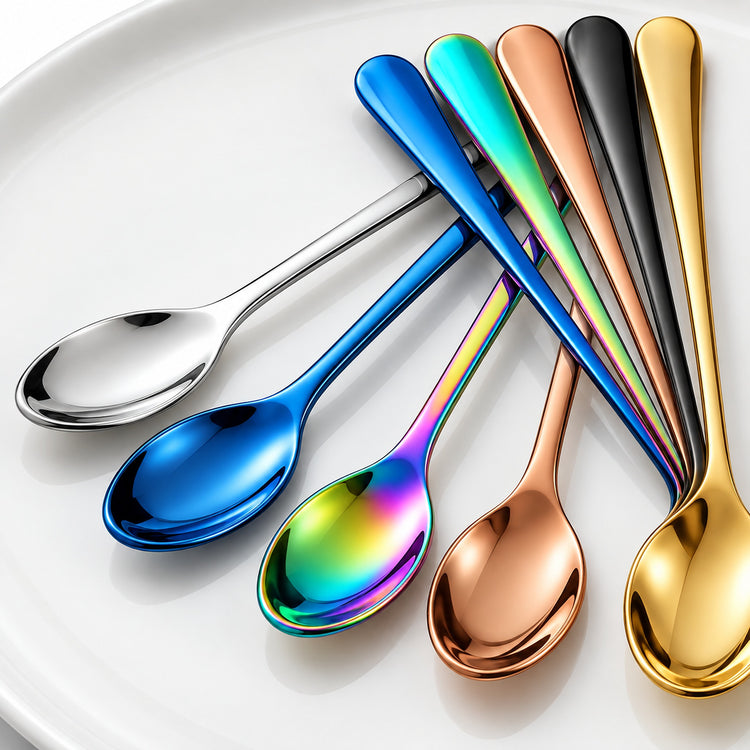 Six metallic spoons arranged in a fan on a white plate, showing different finish options: silver, bright blue, iridescent rainbow, rose gold, black, and gold.