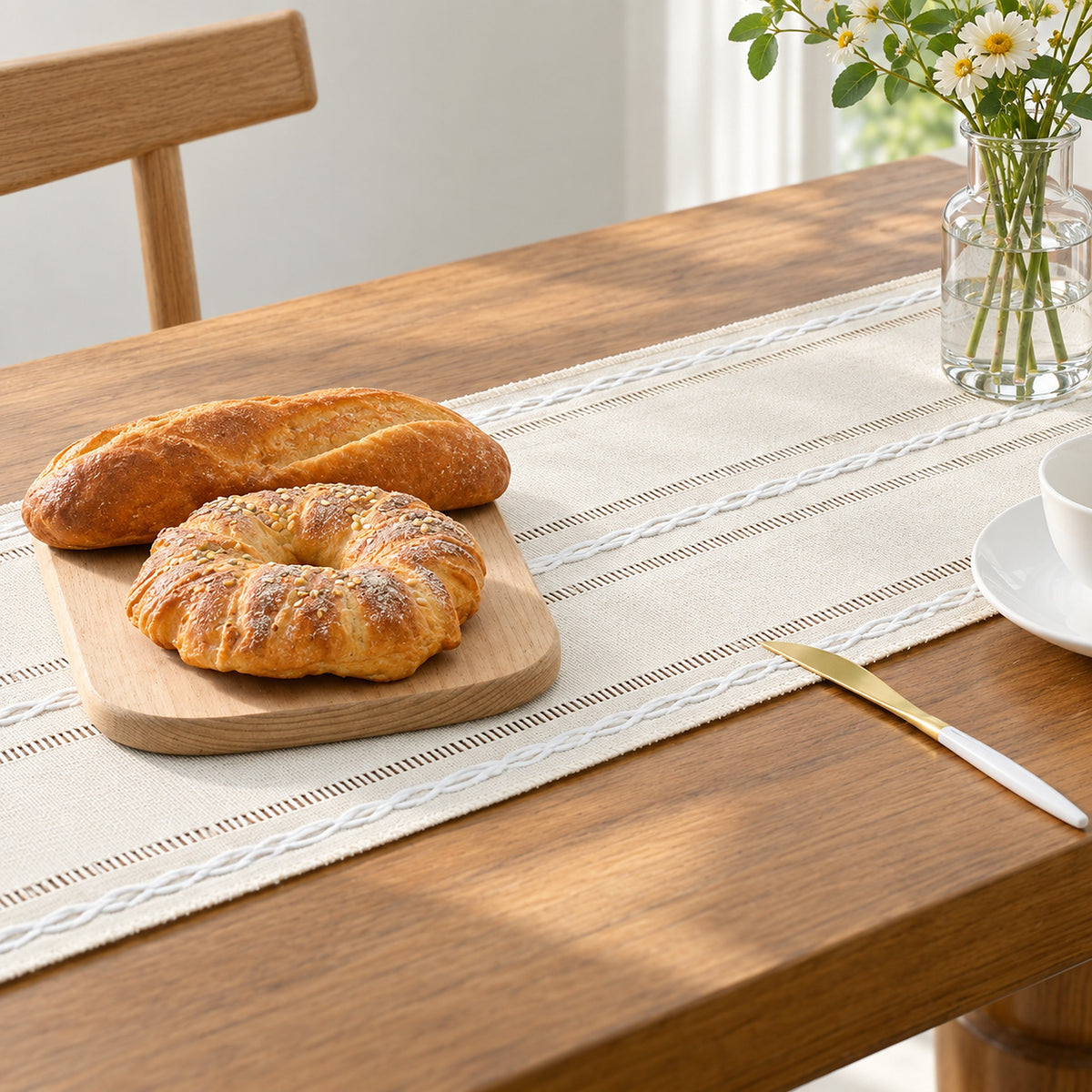 Ivory runner under breakfast serving boards; food and tableware not included.