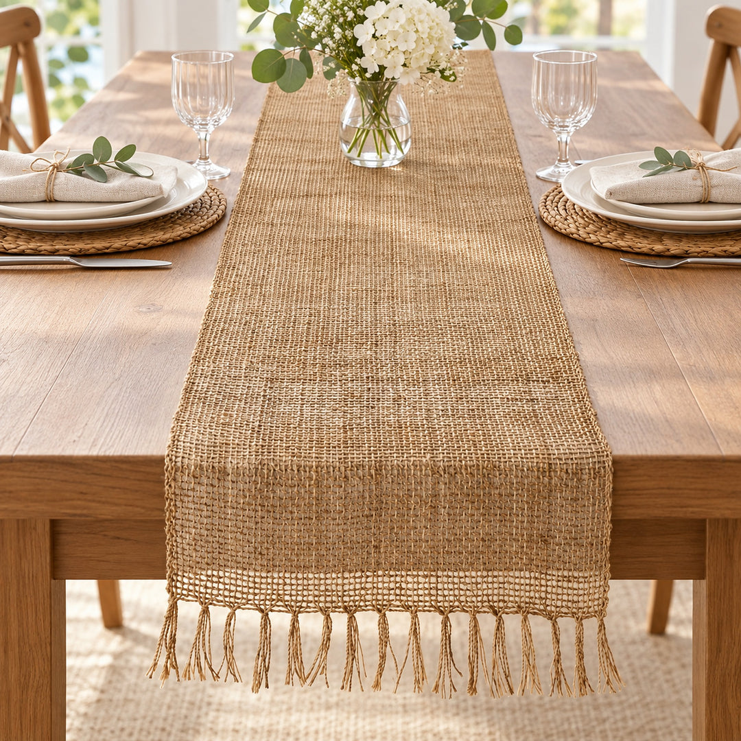 Jute runner styling a wedding table; decorations not included.