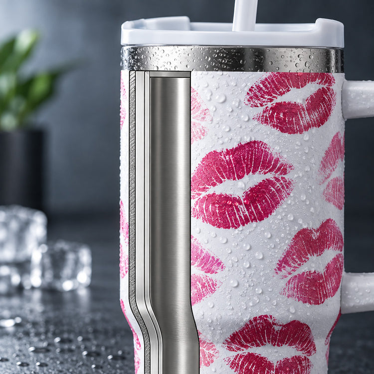 A close-up of a handled stainless steel travel tumbler with a white exterior printed with bright pink lip kiss marks and water droplets, shown against a blurred dark gray background with ice cubes and a plant.