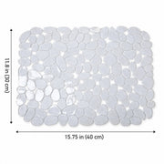 A rectangular pebble mosaic bath mat made of smooth, rounded glossy white stones, shown with dimension arrows and labels indicating 11.8 in (30 cm) by 15.