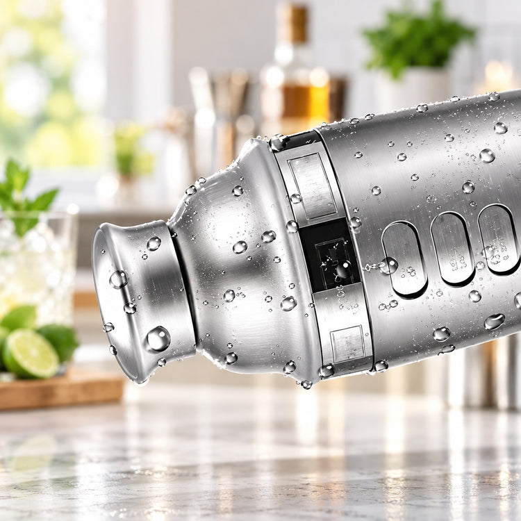 A close-up of a stainless steel cocktail shaker covered in water droplets, set against a softly blurred kitchen background with mint, lime, and glassware.
