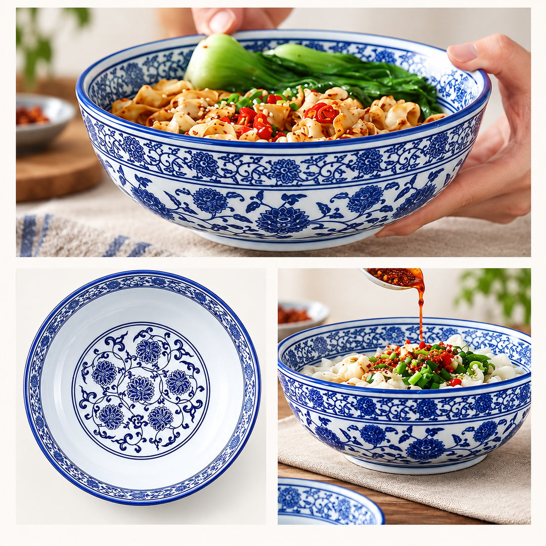 A collage showing a blue-and-white ceramic bowl with floral patterns, filled with food in different serving contexts. A hand is visible holding the bowl in the top right, and the bowl is shown empty from the inside in the bottom left.