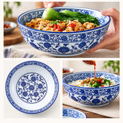 A collage showing a blue-and-white ceramic bowl with floral patterns, filled with food in different serving contexts. A hand is visible holding the bowl in the top right, and the bowl is shown empty from the inside in the bottom left.