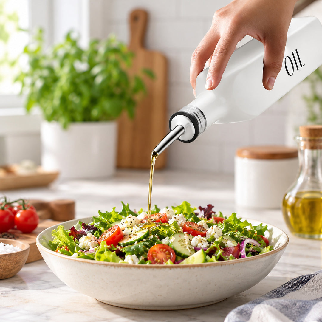 A hand holds a white oil bottle with a metal pour spout, drizzling olive oil over a fresh green salad in a beige bowl on a kitchen counter.