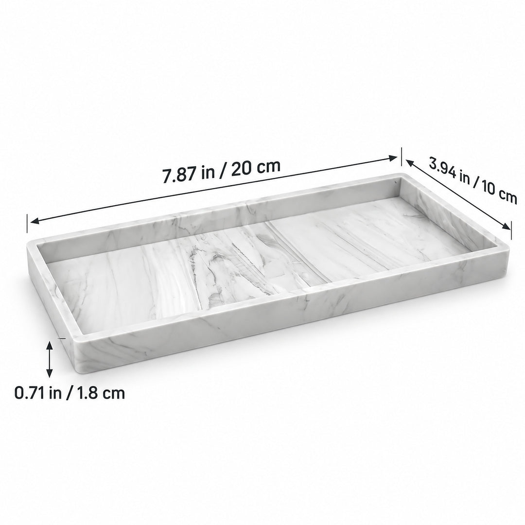 A rectangular marble-look tray with dimension arrows and measurements showing 7.87 in length, 3.