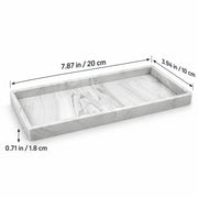 A rectangular marble-look tray with dimension arrows and measurements showing 7.87 in length, 3.