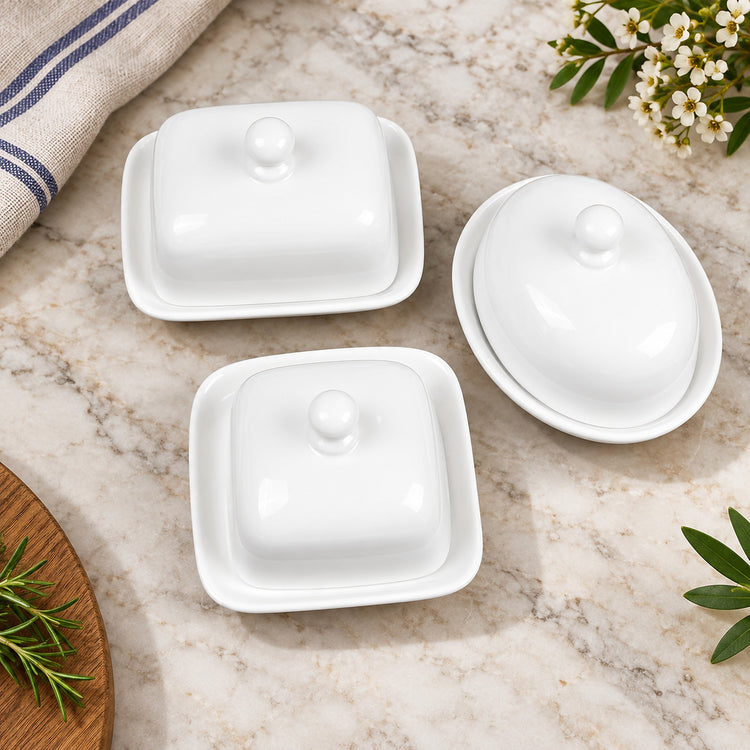 Three white ceramic butter dishes with matching lids arranged on a light marble surface, styled with a folded cloth, flowers, and green leaves.