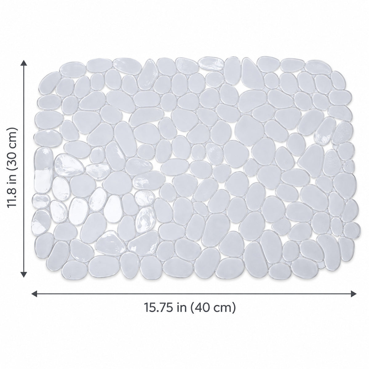 A rectangular pebble-pattern bath mat made of glossy white and light gray smooth stones, shown on a white background with dimension arrows and text indicating 11.8 in by 15.