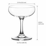 180 ml coupe dimensions: 9.5 cm rim and 12.5 cm height.