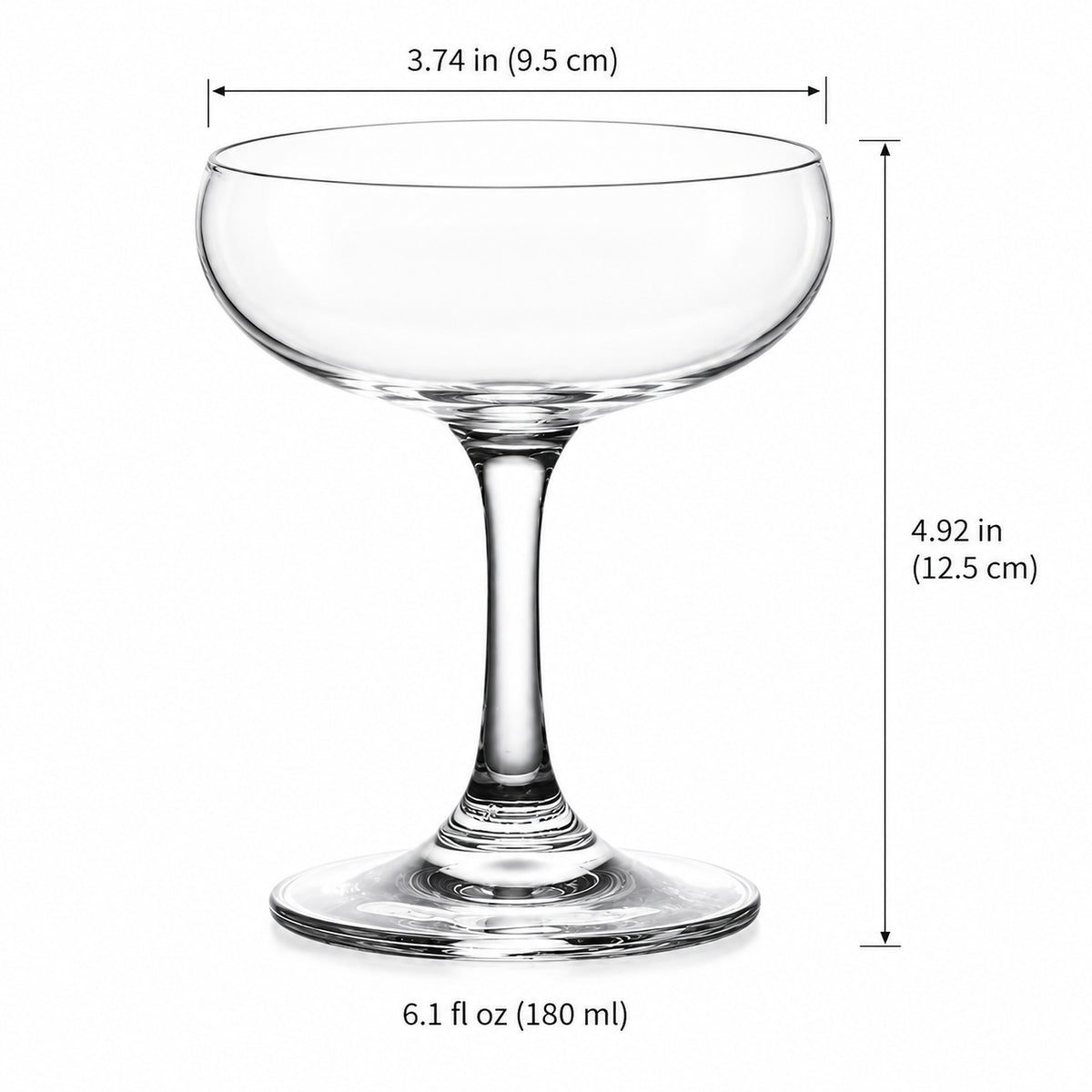 180 ml coupe dimensions: 9.5 cm rim and 12.5 cm height.