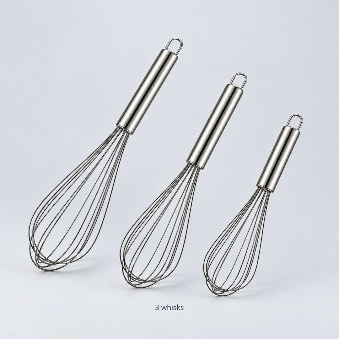 Three-whisk set with nominal8,10 and12-inch options.