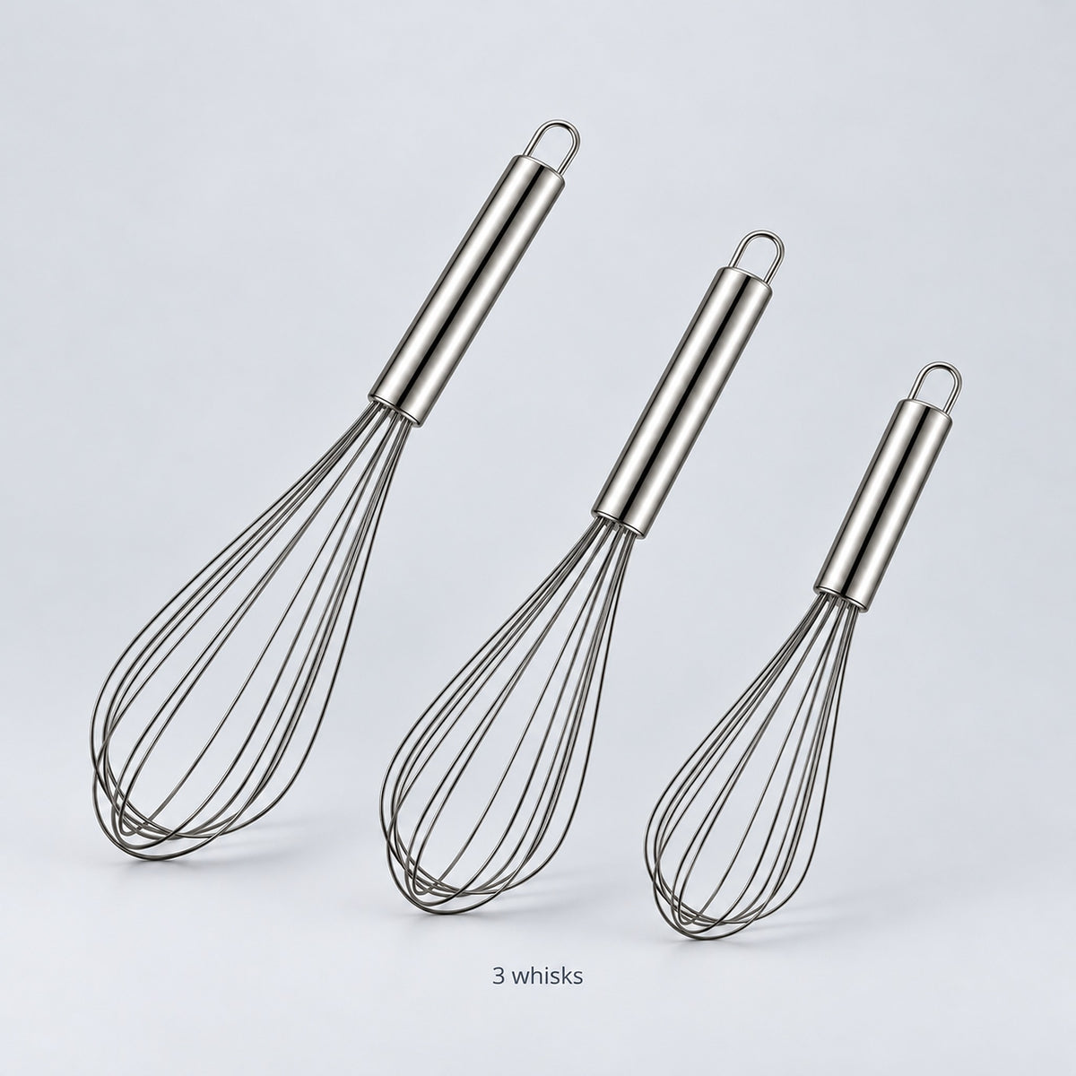 Three-whisk set with nominal8,10 and12-inch options.