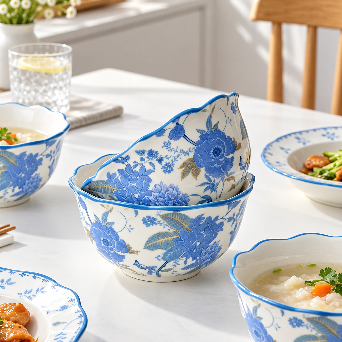 Blue and white floral ceramic bowls arranged on a dining table, with soup and food visible in some bowls, in a bright indoor setting.
