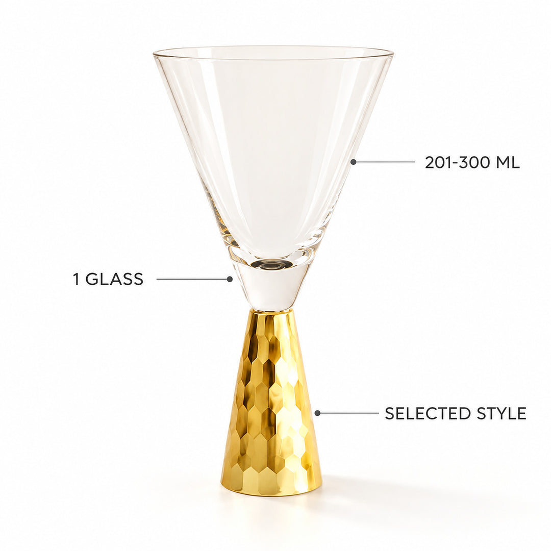 A clear stemmed glass with a hammered gold base, shown on a white background with text callouts indicating 201-300 ML, 1 GLASS, and SELECTED STYLE.