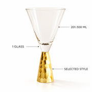 A clear stemmed glass with a hammered gold base, shown on a white background with text callouts indicating 201-300 ML, 1 GLASS, and SELECTED STYLE.