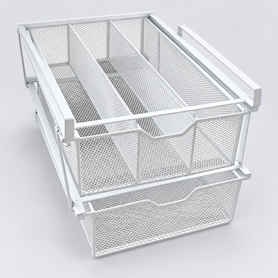 White metal mesh drawer organizer with two pull-out baskets and a top divider, shown on a light gray studio background.