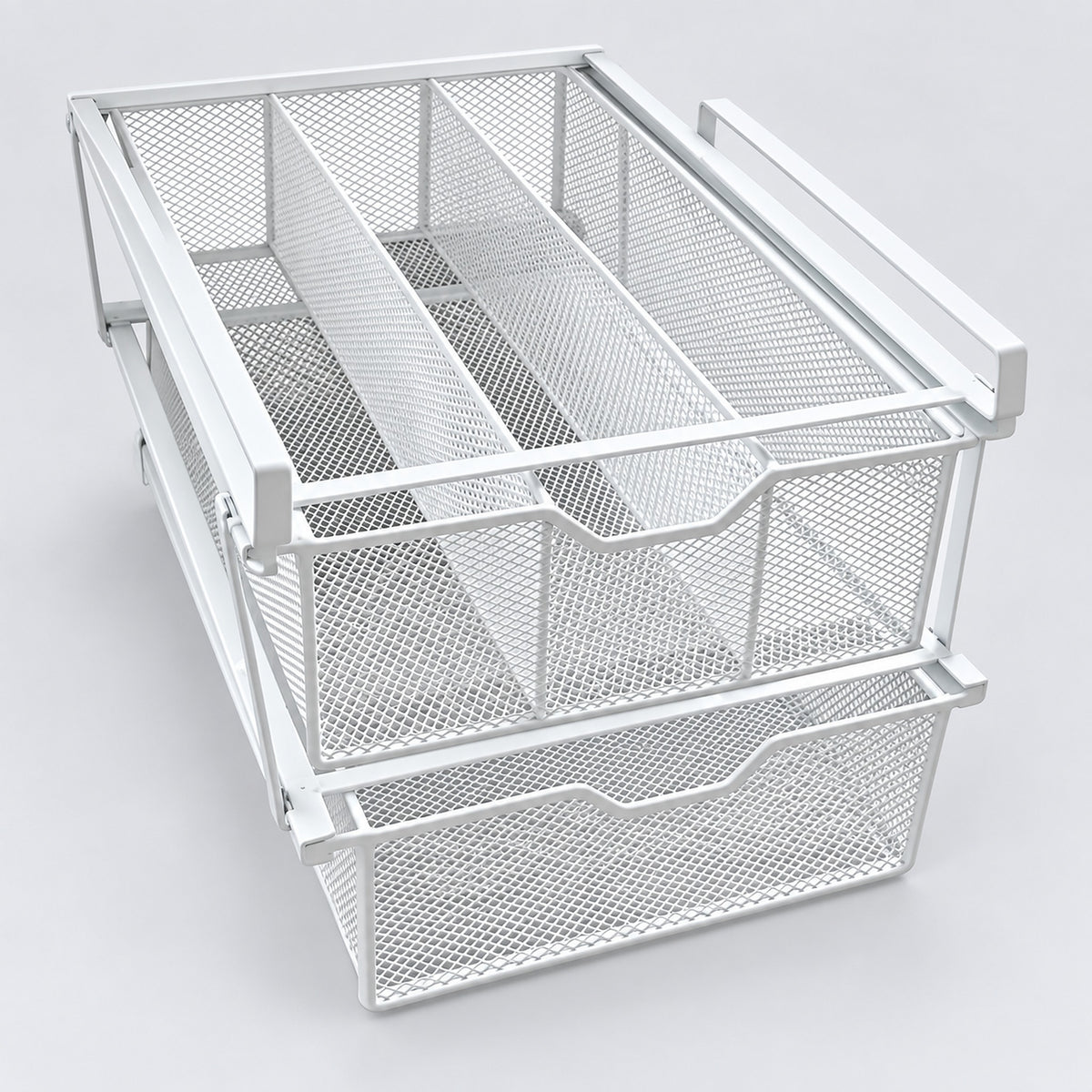 White metal mesh drawer organizer with two pull-out baskets and a top divider, shown on a light gray studio background.
