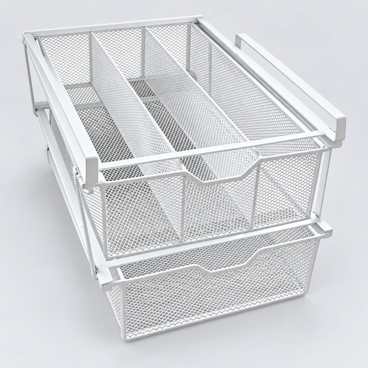 White metal mesh drawer organizer with two pull-out baskets and a top divider, shown on a light gray studio background.